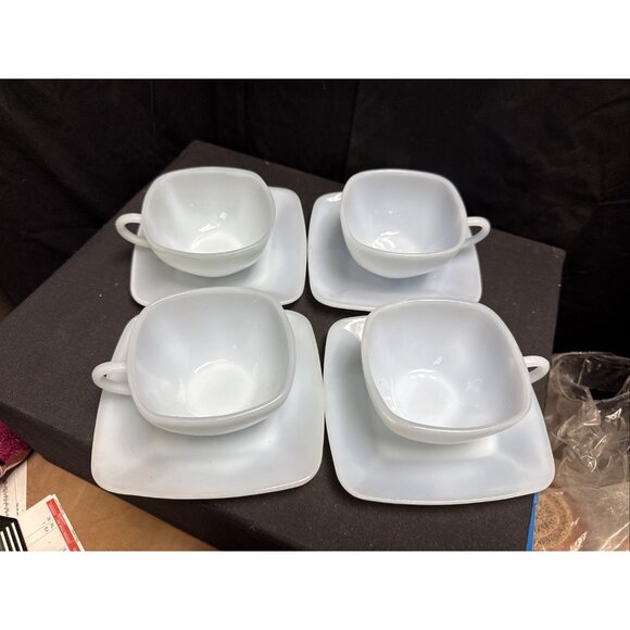 4 FIRE KING Delphite Blue Azurite Charm Square Tea/Coffee Cup & Saucer Sets - Picture 2 of 6